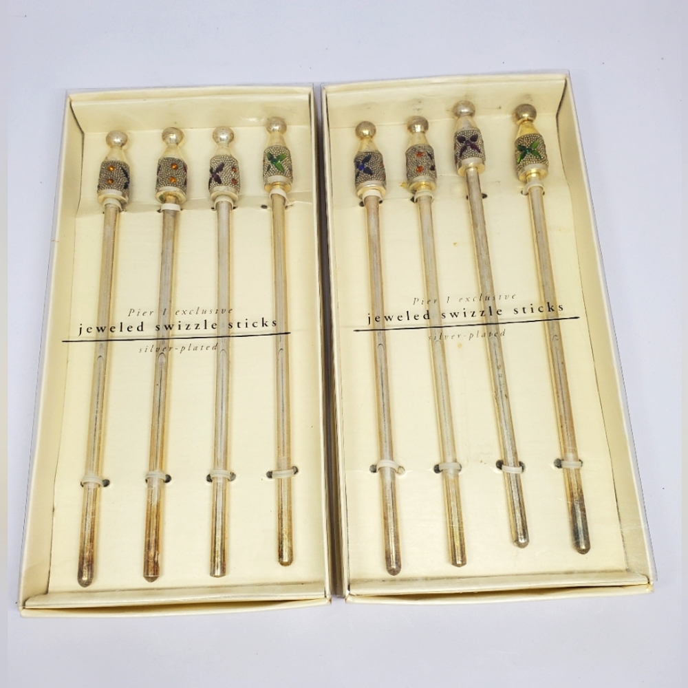 Pier 1 Exclusive Jeweled Swizzle Sticks 4-Pk Silver-Plated ~ 2 Sets New With Tag